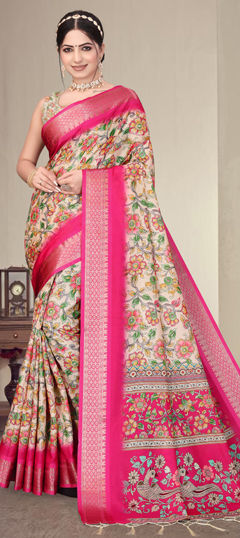 Multicolor color Saree in Silk cotton fabric with Digital Print, Floral, Weaving work