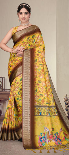 Yellow color Saree in Silk cotton fabric with Digital Print, Floral, Weaving work