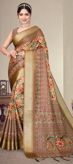 Beige and Brown color Saree in Silk cotton fabric with Digital Print, Floral, Weaving work