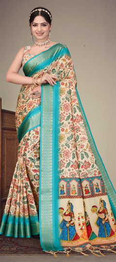 Multicolor color Saree in Silk cotton fabric with Digital Print, Weaving work