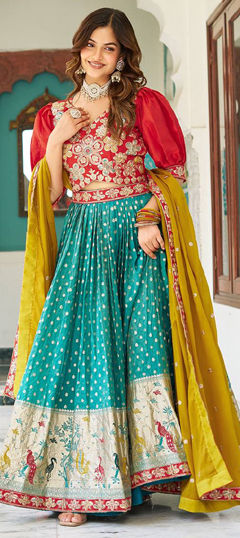 Blue color Ready to Wear Lehenga in Shimmer fabric with Border, Weaving, Zari work