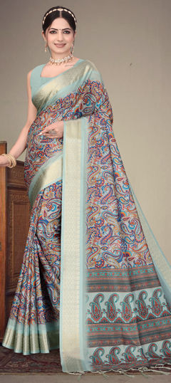 Multicolor color Saree in Silk cotton fabric with Digital Print, Weaving work