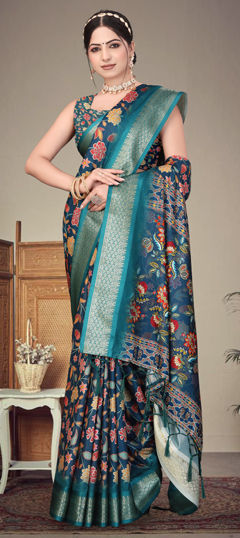 Multicolor color Saree in Silk cotton fabric with Digital Print, Weaving work