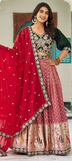 Red and Maroon color Ready to Wear Lehenga in Shimmer fabric with Border, Weaving, Zari work