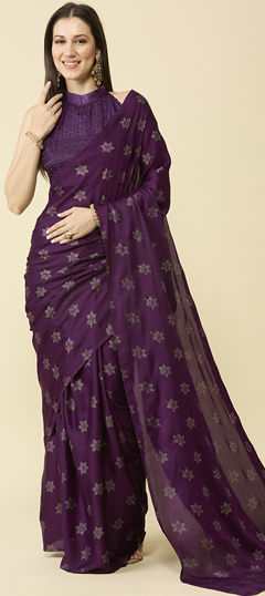 Blue color Saree in Chiffon fabric with Swarovski work