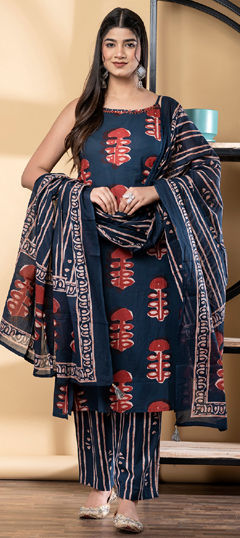 Blue color Salwar Kameez in Cotton fabric with Printed, Sequence work