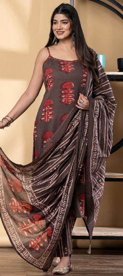 Beige and Brown color Salwar Kameez in Cotton fabric with Printed, Sequence work