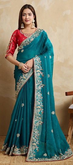 Blue color Saree in Chiffon fabric with Embroidered, Lace, Resham, Thread work