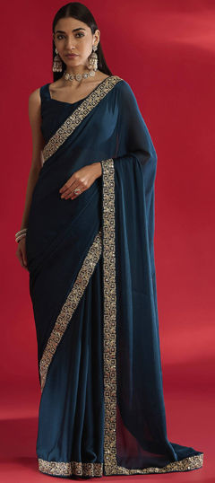Blue color Saree in Art Silk fabric with Border, Embroidered work