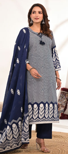 Blue color Salwar Kameez in Cotton fabric with Embroidered, Printed, Resham, Sequence, Thread work