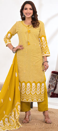 Yellow color Salwar Kameez in Cotton fabric with Embroidered, Printed, Resham, Sequence, Thread work