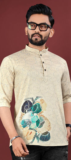 Beige and Brown color Kurta in Cotton fabric with Digital Print work