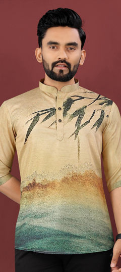 Beige and Brown color Kurta in Cotton fabric with Digital Print work