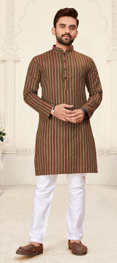 Beige and Brown color Kurta Pyjamas in Cotton fabric with Weaving work