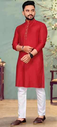 Red and Maroon color Kurta Pyjamas in Cotton fabric with Sequence work