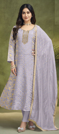 Purple and Violet color Salwar Kameez in Silk fabric with Moti, Sequence, Weaving, Zari work