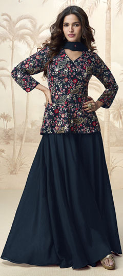 Blue color Long Lehenga Choli in Chinon Silk fabric with Embroidered, Sequence, Thread work
