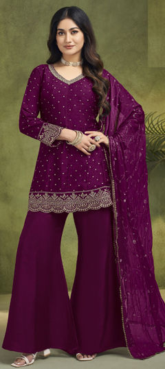 Purple and Violet color Salwar Kameez in Silk fabric with Embroidered, Sequence, Thread work