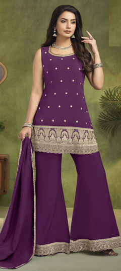 Purple and Violet color Salwar Kameez in Silk fabric with Embroidered, Sequence, Thread work