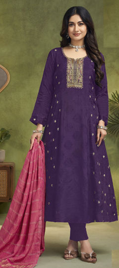 Purple and Violet color Salwar Kameez in Silk fabric with Embroidered, Thread, Zari work