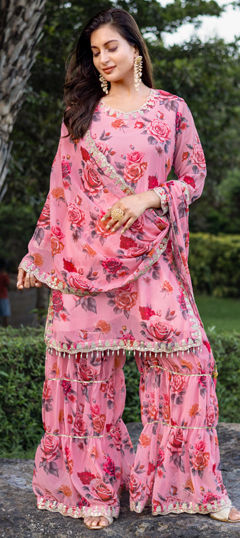 Pink and Majenta color Salwar Kameez in Georgette fabric with Embroidered, Floral, Printed, Sequence work