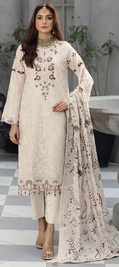 White and Off White color Salwar Kameez in Faux Georgette fabric with Embroidered, Resham, Thread work