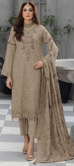 Beige and Brown color Salwar Kameez in Faux Georgette fabric with Embroidered, Resham, Thread work