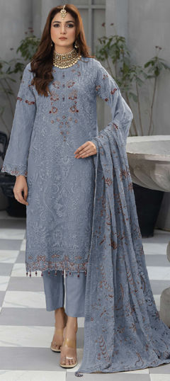Black and Grey color Salwar Kameez in Faux Georgette fabric with Embroidered, Resham, Thread work
