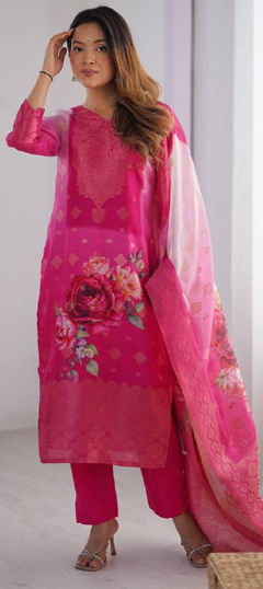 Pink and Majenta color Salwar Kameez in Chanderi Silk fabric with Digital Print, Floral, Weaving work