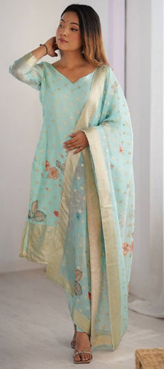 Green color Salwar Kameez in Chanderi Silk fabric with Digital Print, Floral, Weaving work