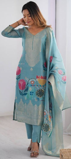 Blue color Salwar Kameez in Chanderi Silk fabric with Digital Print, Floral, Weaving work