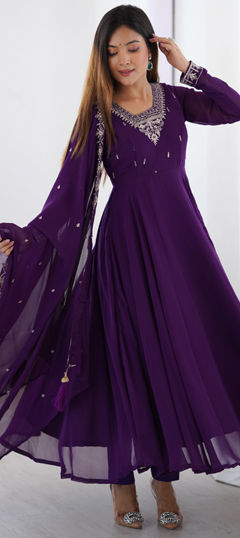 Purple and Violet color Salwar Kameez in Faux Georgette fabric with Embroidered, Thread, Zari work