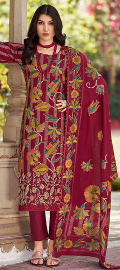 Red and Maroon color Salwar Kameez in Muslin fabric with Digital Print, Floral, Resham, Thread work