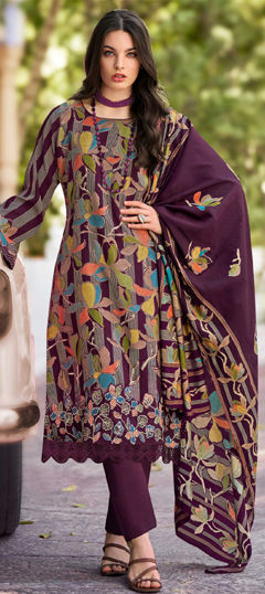 Purple and Violet color Salwar Kameez in Muslin fabric with Digital Print, Floral, Resham, Thread work