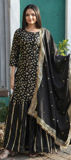 Black and Grey color Ready to Wear Lehenga in Chinon Silk fabric with Embroidered, Sequence, Thread work