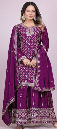 Pink and Majenta color Ready to Wear Lehenga in Chinon Silk fabric with Embroidered, Sequence, Thread work
