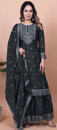 Black and Grey color Salwar Kameez in Chinon Silk fabric with Embroidered, Sequence, Thread work