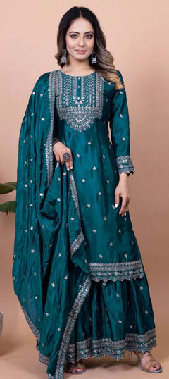 Blue color Salwar Kameez in Chinon Silk fabric with Embroidered, Sequence, Thread work