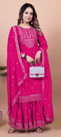 Pink and Majenta color Salwar Kameez in Chinon Silk fabric with Embroidered, Sequence, Thread work