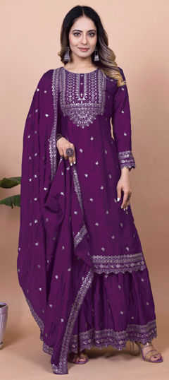Purple and Violet color Salwar Kameez in Chinon Silk fabric with Embroidered, Sequence, Thread work