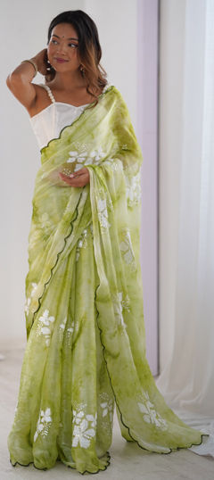 Green color Saree in Chiffon fabric with Printed, Sequence work