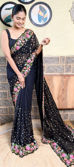 Black and Grey color Saree in Georgette fabric with Sequence, Thread work