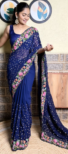 Blue color Saree in Georgette fabric with Embroidered, Sequence, Thread work