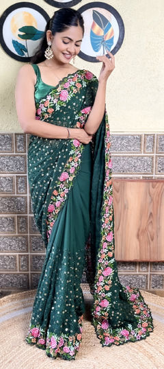 Green color Saree in Georgette fabric with Embroidered, Sequence, Thread work