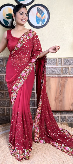 Red and Maroon color Saree in Georgette fabric with Embroidered, Sequence, Thread work
