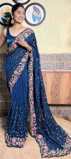 Blue color Saree in Georgette fabric with Embroidered, Sequence, Thread work