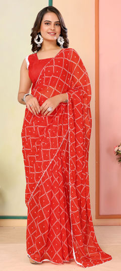 Red and Maroon color Readymade Saree in Georgette fabric with Bandhej, Lace, Printed work