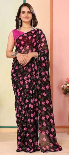 Black and Grey color Readymade Saree in Georgette fabric with Floral, Lace, Printed work