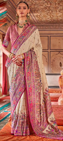 Beige and Brown color Saree in Art Silk fabric with Printed work