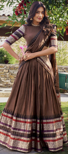 Beige and Brown color Lehenga in Chanderi Silk fabric with Weaving, Zari work